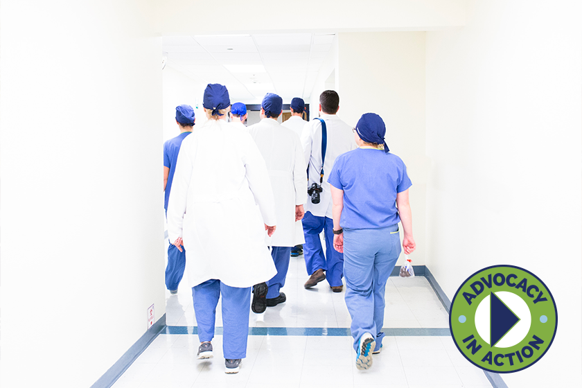 Medical team walking down hallway
